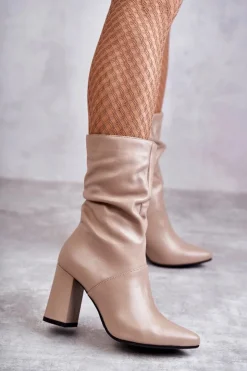 Hot Laura Messi Skórzane Botki Na Obcasie 2560 Beżowe