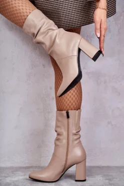 Hot Laura Messi Skórzane Botki Na Obcasie 2560 Beżowe