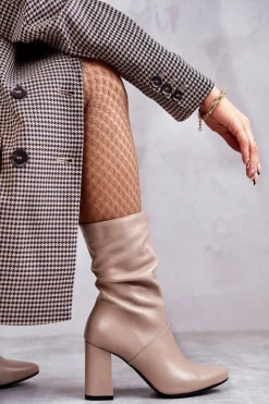 Hot Laura Messi Skórzane Botki Na Obcasie 2560 Beżowe