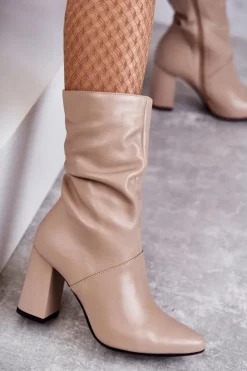 Hot Laura Messi Skórzane Botki Na Obcasie 2560 Beżowe