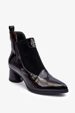 Damskie buty S.Barski Czarne Botki|Botki Zimowe Damskie*Skórzane Botki Na Obcasie S.Barski MR870-96 Czarne