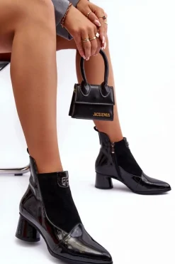 Damskie buty S.Barski Czarne Botki|Botki Zimowe Damskie*Skórzane Botki Na Obcasie S.Barski MR870-96 Czarne