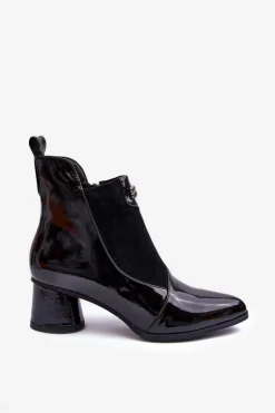 Damskie buty S.Barski Czarne Botki|Botki Zimowe Damskie*Skórzane Botki Na Obcasie S.Barski MR870-96 Czarne