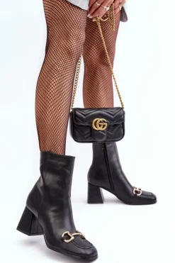 Boto Botki Na Słupku|Czarne Botki*Skórzane Botki Na Obcasie Z Ozdobą Czarne Pamelinta