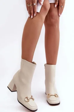 Damskie Boto Skórzane Botki Na Obcasie Z Ozdobą Beżowe Pamelinta