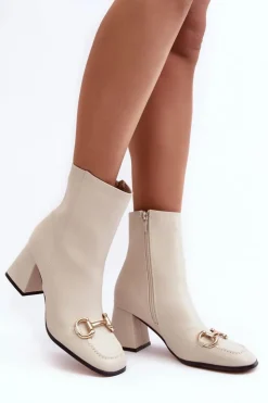 Damskie Boto Skórzane Botki Na Obcasie Z Ozdobą Beżowe Pamelinta