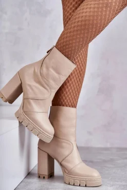 Damskie Boto Skórzane Botki Na Obcasie Beżowe Elia