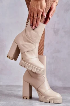 Damskie Boto Skórzane Botki Na Obcasie Beżowe Elia