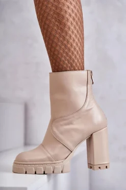 Damskie Boto Skórzane Botki Na Obcasie Beżowe Elia