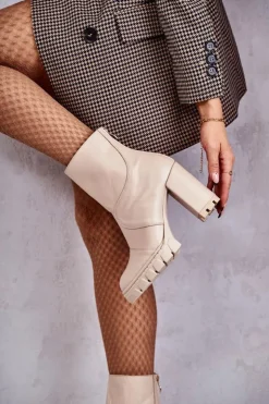 Damskie Boto Skórzane Botki Na Obcasie Beżowe Elia