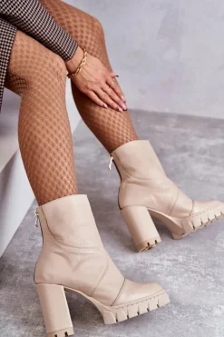 Damskie Boto Skórzane Botki Na Obcasie Beżowe Elia