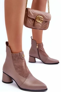 Outlet Damskie buty S.Barski Skórzane Botki Na Obcasie S.Barski MR870-96 Beżowe