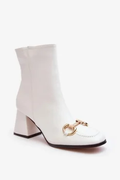 Outlet Boto Skórzane Botki Na Obcasie Z Ozdobą Białe Pamelinta