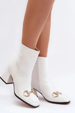 Outlet Boto Skórzane Botki Na Obcasie Z Ozdobą Białe Pamelinta