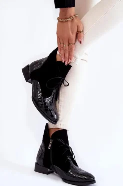 Damskie Maciejka Skórzane Botki Na Płaskim Obcasie 2878J-01 Czarne