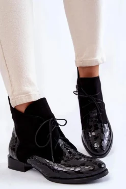 Damskie Maciejka Skórzane Botki Na Płaskim Obcasie 2878J-01 Czarne