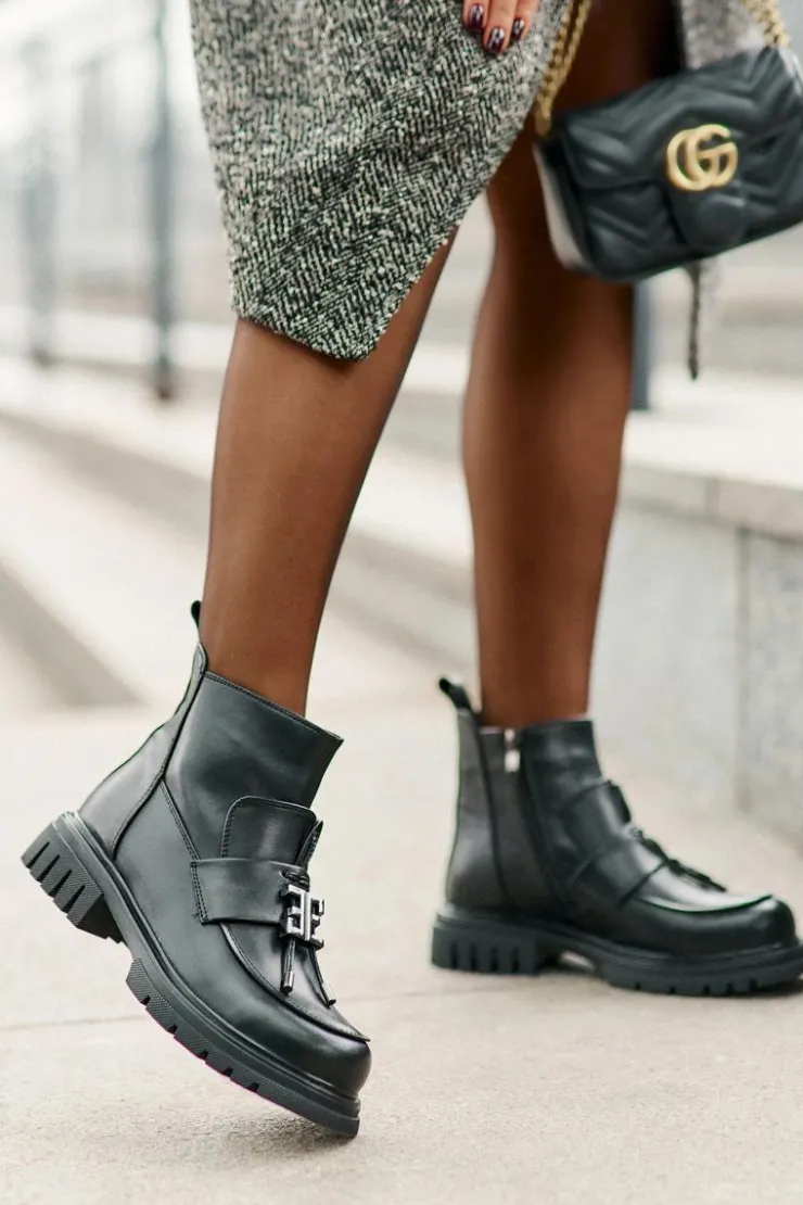 New Evento Skórzane Botki Na Płaskim Obcasie Z Ozdobą Ocieplane Czarne Asperra