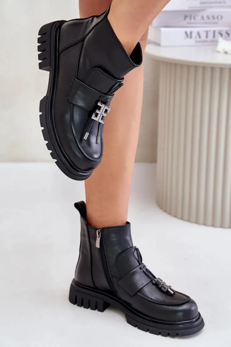 New Evento Skórzane Botki Na Płaskim Obcasie Z Ozdobą Ocieplane Czarne Asperra