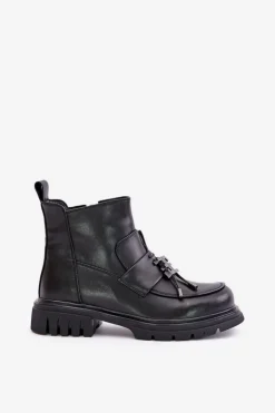 New Evento Skórzane Botki Na Płaskim Obcasie Z Ozdobą Ocieplane Czarne Asperra
