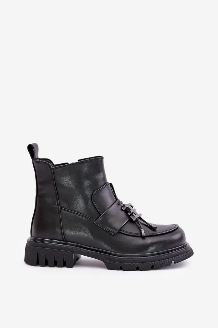New Evento Skórzane Botki Na Płaskim Obcasie Z Ozdobą Ocieplane Czarne Asperra