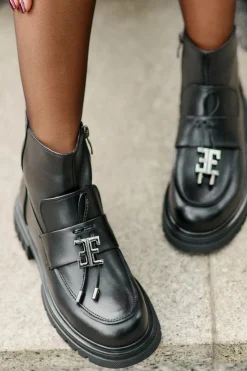 New Evento Skórzane Botki Na Płaskim Obcasie Z Ozdobą Ocieplane Czarne Asperra