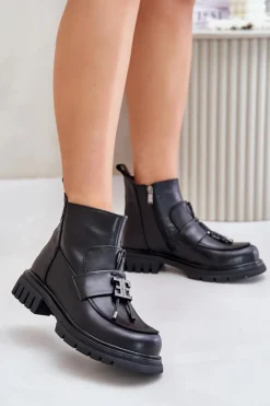 New Evento Skórzane Botki Na Płaskim Obcasie Z Ozdobą Ocieplane Czarne Asperra