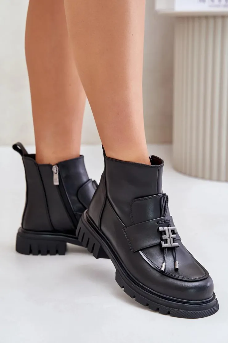 New Evento Skórzane Botki Na Płaskim Obcasie Z Ozdobą Ocieplane Czarne Asperra