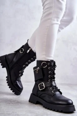 Hot Boto Skórzane Botki Na Płaskim Obcasie Czarne Marlis