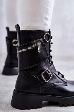 Hot Boto Skórzane Botki Na Płaskim Obcasie Czarne Marlis