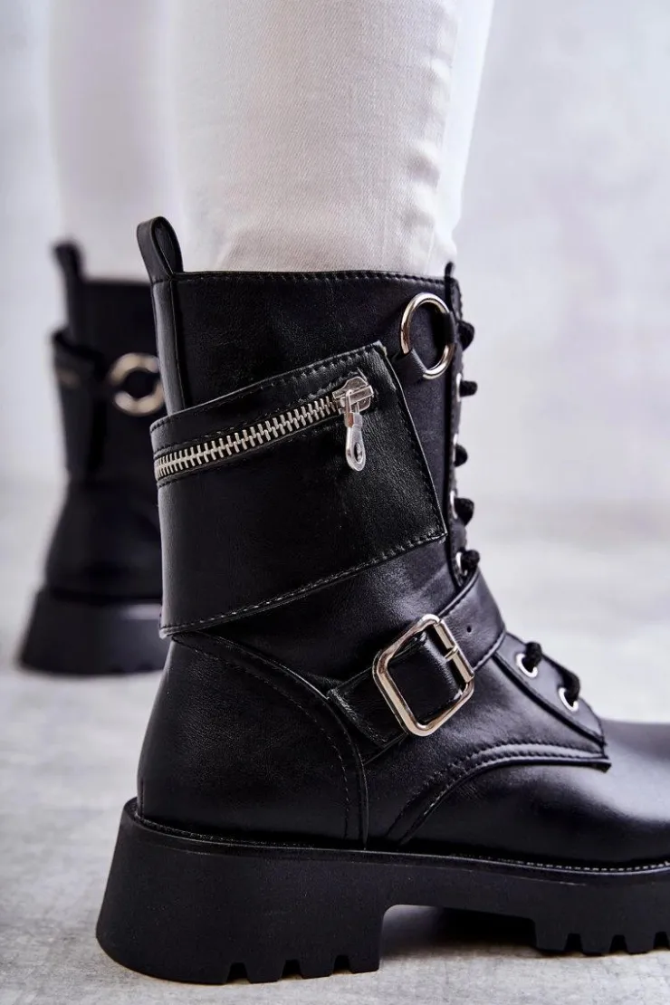 Hot Boto Skórzane Botki Na Płaskim Obcasie Czarne Marlis