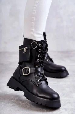 Hot Boto Skórzane Botki Na Płaskim Obcasie Czarne Marlis