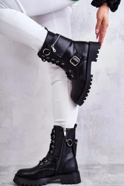 Hot Boto Skórzane Botki Na Płaskim Obcasie Czarne Marlis