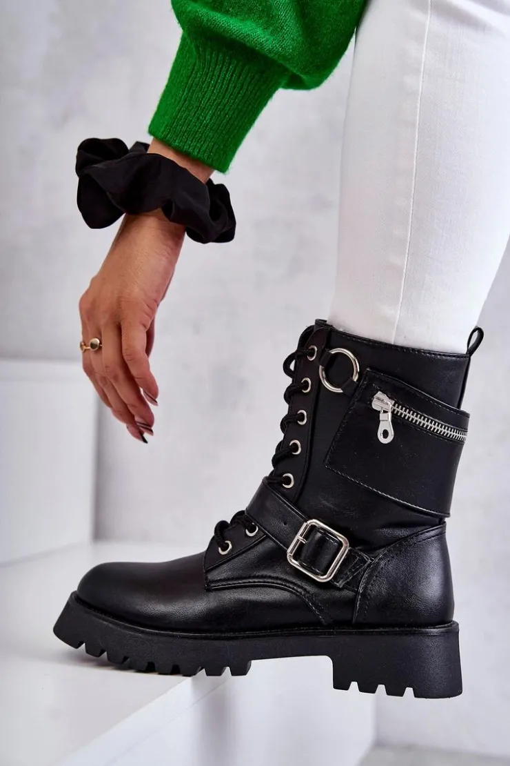 Hot Boto Skórzane Botki Na Płaskim Obcasie Czarne Marlis