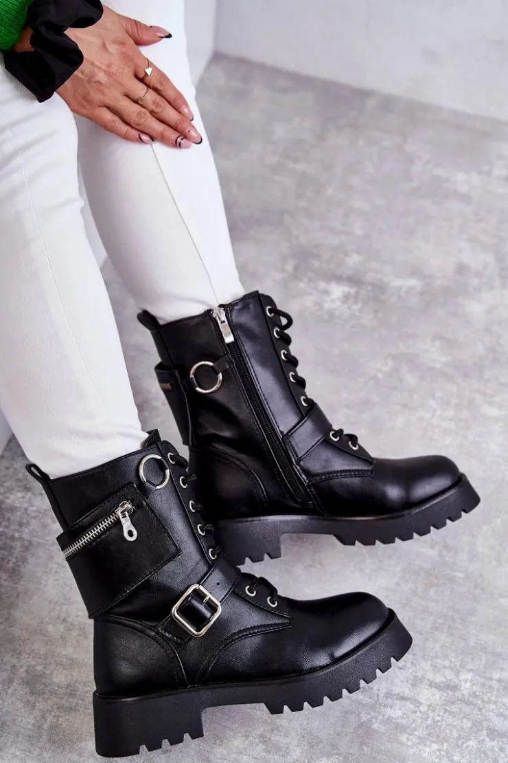 Hot Boto Skórzane Botki Na Płaskim Obcasie Czarne Marlis