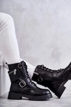 Hot Boto Skórzane Botki Na Płaskim Obcasie Czarne Marlis