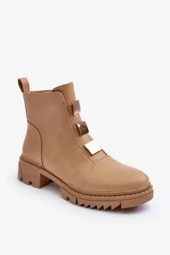 Damskie Boto Skórzane Botki Na Płaskim Obcasie Beżowe Azulenn