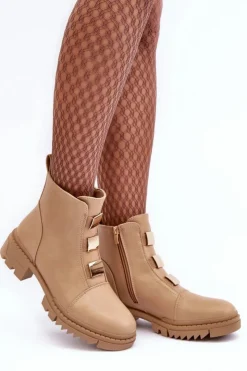 Damskie Boto Skórzane Botki Na Płaskim Obcasie Beżowe Azulenn