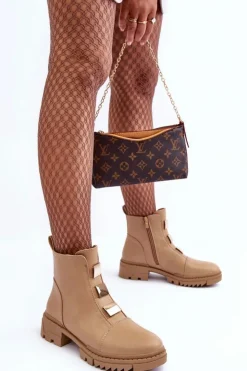 Damskie Boto Skórzane Botki Na Płaskim Obcasie Beżowe Azulenn