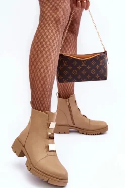 Damskie Boto Skórzane Botki Na Płaskim Obcasie Beżowe Azulenn