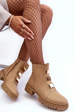 Damskie Boto Skórzane Botki Na Płaskim Obcasie Beżowe Azulenn