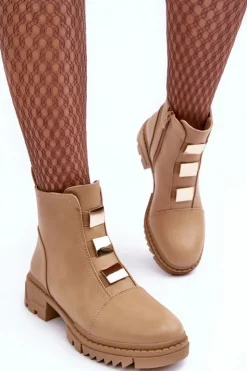 Damskie Boto Skórzane Botki Na Płaskim Obcasie Beżowe Azulenn