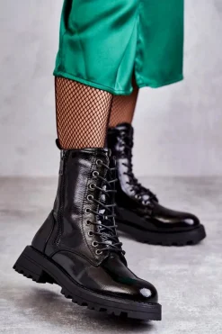 Boto Skórzane Botki Na Płaskim Obcasie Czarne Estela