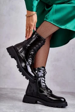 Boto Skórzane Botki Na Płaskim Obcasie Czarne Estela