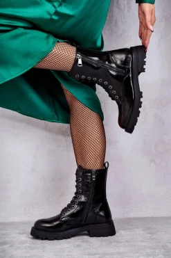 Boto Skórzane Botki Na Płaskim Obcasie Czarne Estela