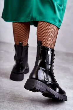 Boto Skórzane Botki Na Płaskim Obcasie Czarne Estela