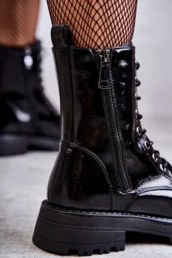 Boto Skórzane Botki Na Płaskim Obcasie Czarne Estela