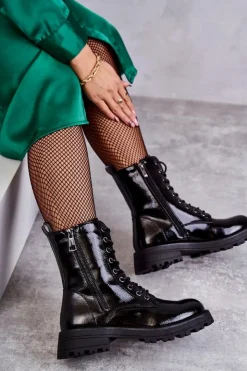 Boto Skórzane Botki Na Płaskim Obcasie Czarne Estela