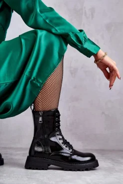 Boto Skórzane Botki Na Płaskim Obcasie Czarne Estela