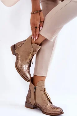 Maciejka Botki Maciejka|Botki Sznurowane*Skórzane Botki Na Płaskim Obcasie 2878J-04 Beżowe