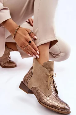 Maciejka Botki Maciejka|Botki Sznurowane*Skórzane Botki Na Płaskim Obcasie 2878J-04 Beżowe